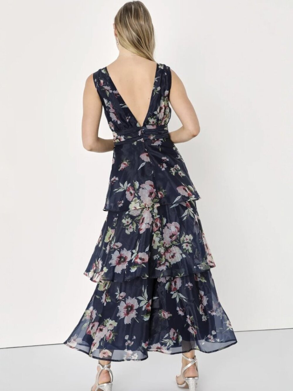 Lulus Molinetto Navy Blue Floral Organza Ruffled Tiered Maxi Dress​ NWT - Picture 3 of 8